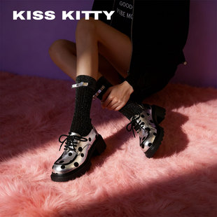 KISSKITTY波点小皮鞋女2026新款时尚系带休闲乐福德比深口单鞋