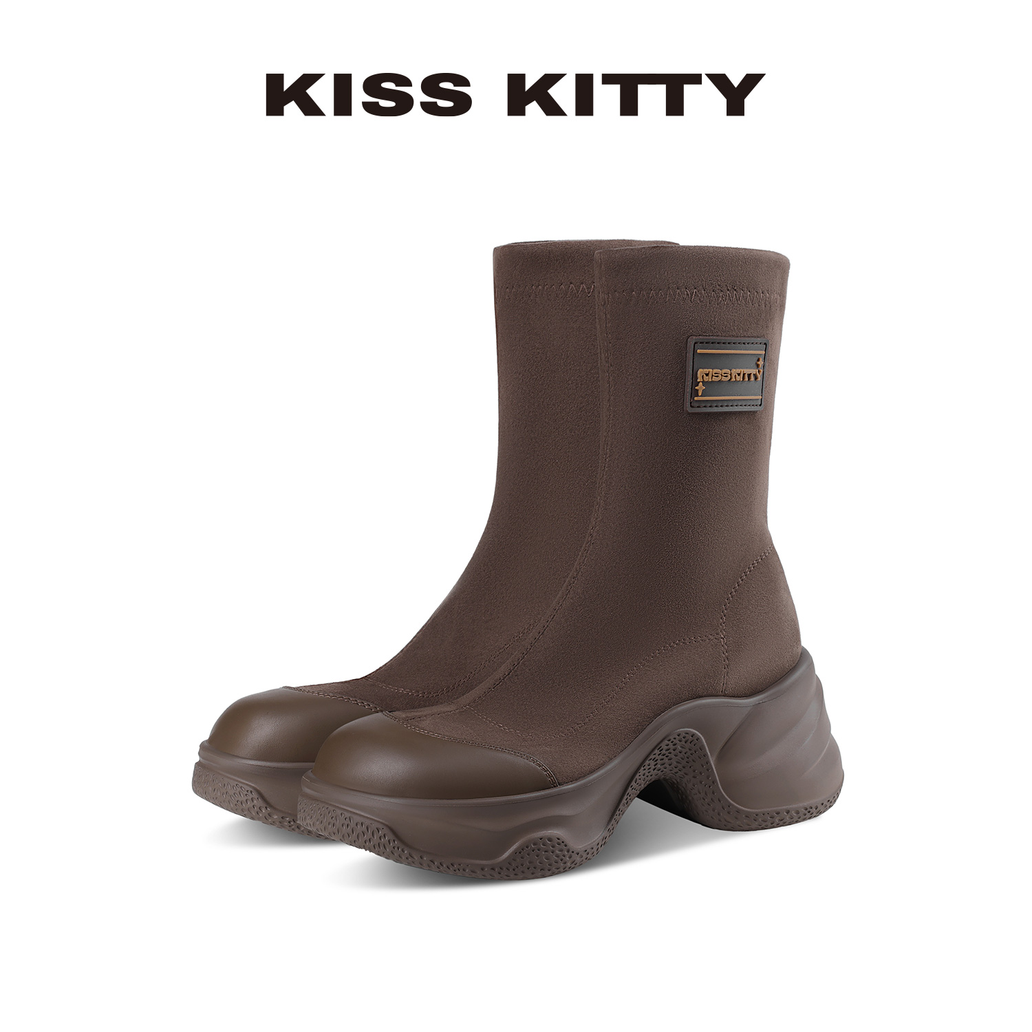 KISSKITTY弹力瘦瘦靴2025新款爆款咖色圆头厚底小个子袜子短靴女