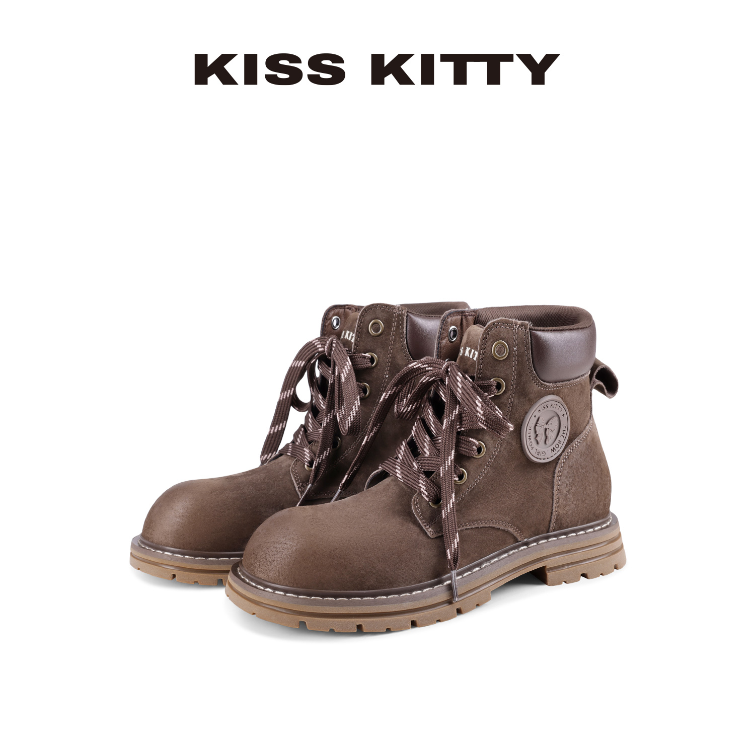 KISSKITTY厚底复古焦糖色马丁靴女2025新款真皮英伦风工装短靴女