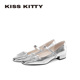 KISSKITTY粗跟玛丽珍鞋 女优雅芭蕾鞋 26年新款 银色蝴蝶结浅口单鞋