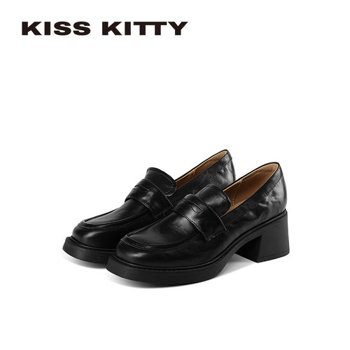 KISSKITTY真皮复古粗跟乐福鞋