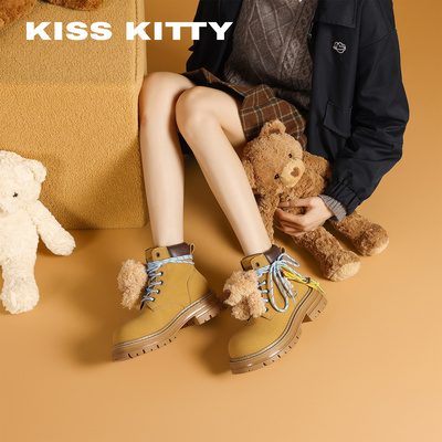 KISSKITTY萌宠系列 马丁靴女2025新款英伦风复古圆头大黄靴工装靴