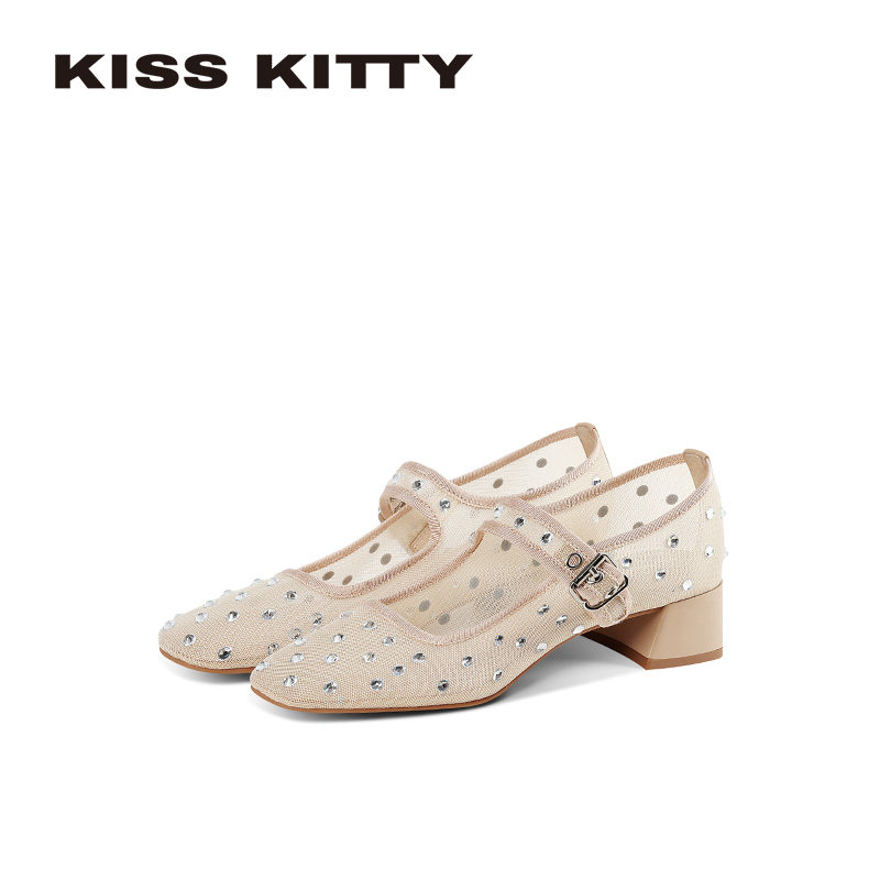 KISSKITTY水钻网纱透气玛丽珍鞋女26年夏季新款法式方头粗跟单鞋