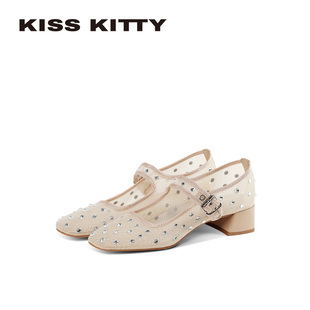 KISSKITTY水钻网纱透气玛丽珍鞋女26年夏季新款法式方头粗跟单鞋