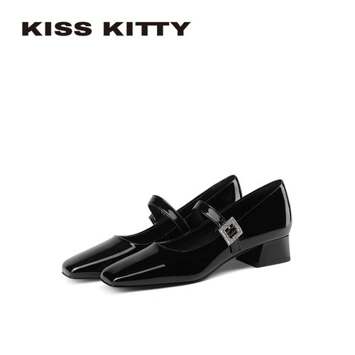 KISSKITTY一字带玛丽珍鞋女2026春新款法式复古低跟方头浅口单鞋