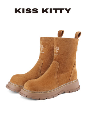 KISSKITTY2025冬季新款时装短靴女牛反绒厚底烟筒靴户外雪地女靴