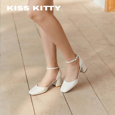 KISSKITTY一字带扣包头凉鞋女2026年新款法式米色高跟玛丽珍单鞋