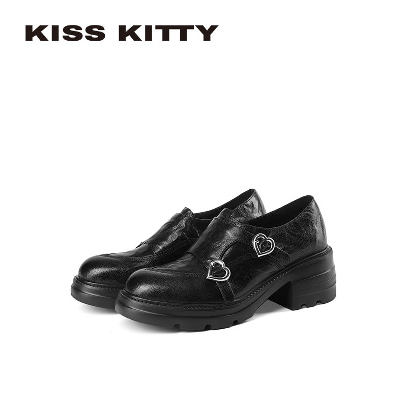 KISSKITTY黑色小皮鞋2026春季新款女鞋英伦风牛津鞋乐福