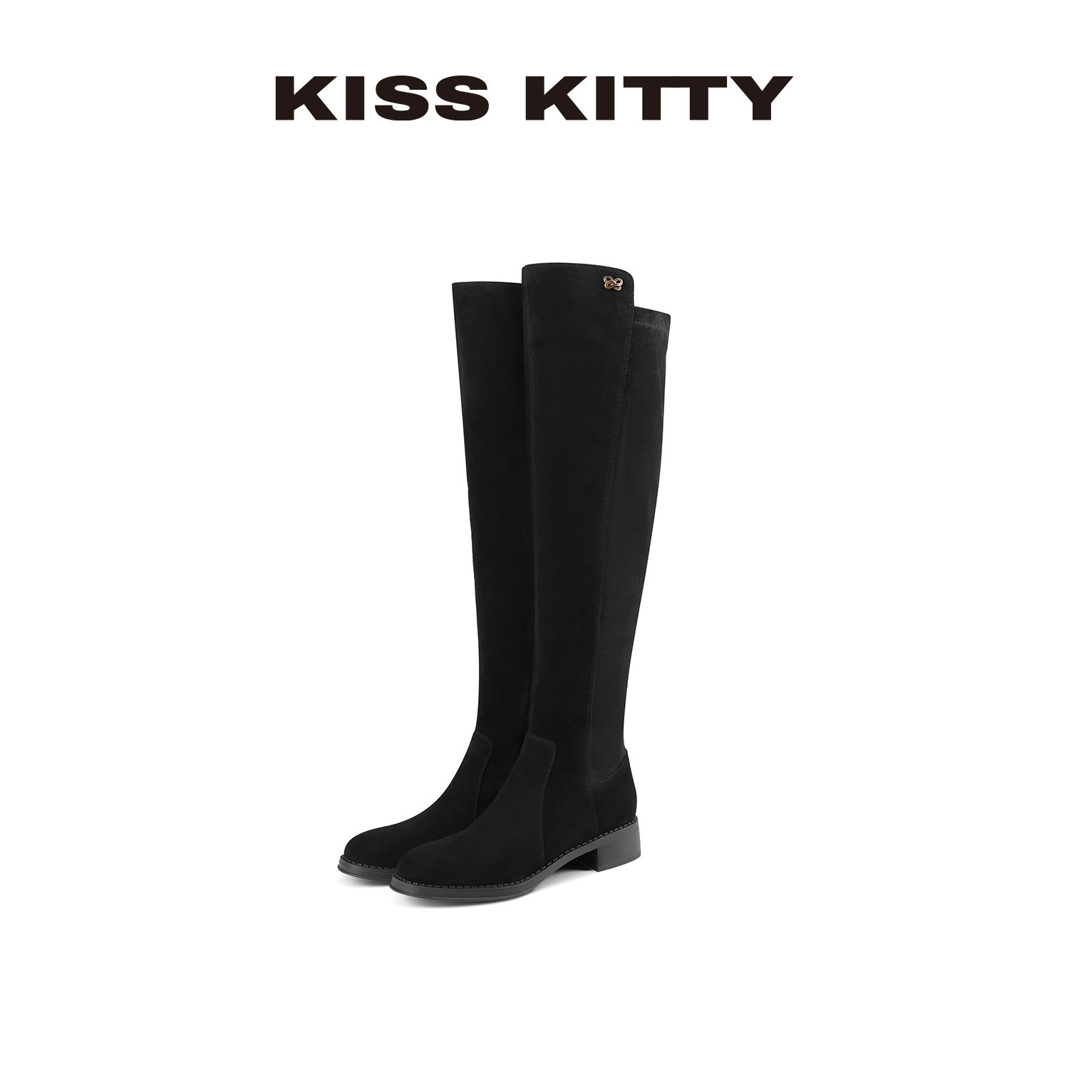 KISSKITTY绒面长筒靴女款冬季小个子粗跟增高弹力瘦瘦靴过膝长靴
