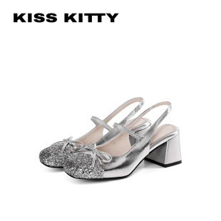 KISSKITTY银色亮片包头凉鞋女2026夏新款粗跟蝴蝶结玛丽珍高跟鞋
