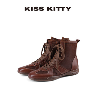 KISSKITTY棕色马丁靴女25新款拳击靴冬季美拉德靴子牛皮德训短靴