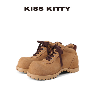 KISSKITTY马丁靴女款2025新款英伦风复古牛反皮圆头土黄色工装靴
