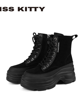 KISSKITTY2025冬季新款英伦风马丁靴厚底增高机车靴黑色工装短靴