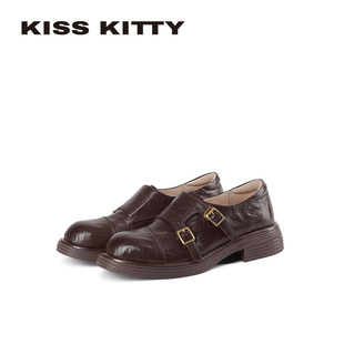 KISSKITTY乐福鞋女2026春季英伦风复古通勤一脚蹬粗跟小皮鞋单鞋