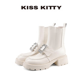KISSKITTY弹力瘦瘦靴25冬季 新款 方扣粗跟切尔西靴增高5cm短靴女