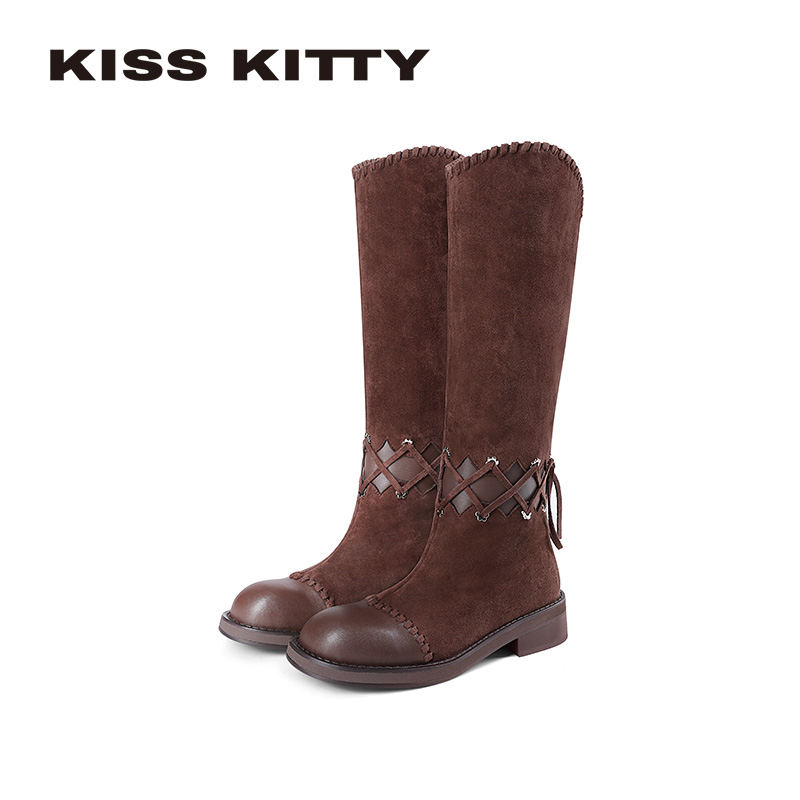 KISSKITTY美拉德长筒靴女2025新款冬季尖头女靴显高扣带骑士靴子