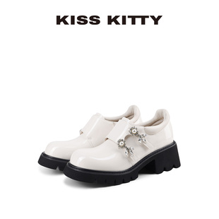 KISSKITTY牛津乐福鞋女2025秋新款英伦学院厚底增高珍珠扣小皮鞋