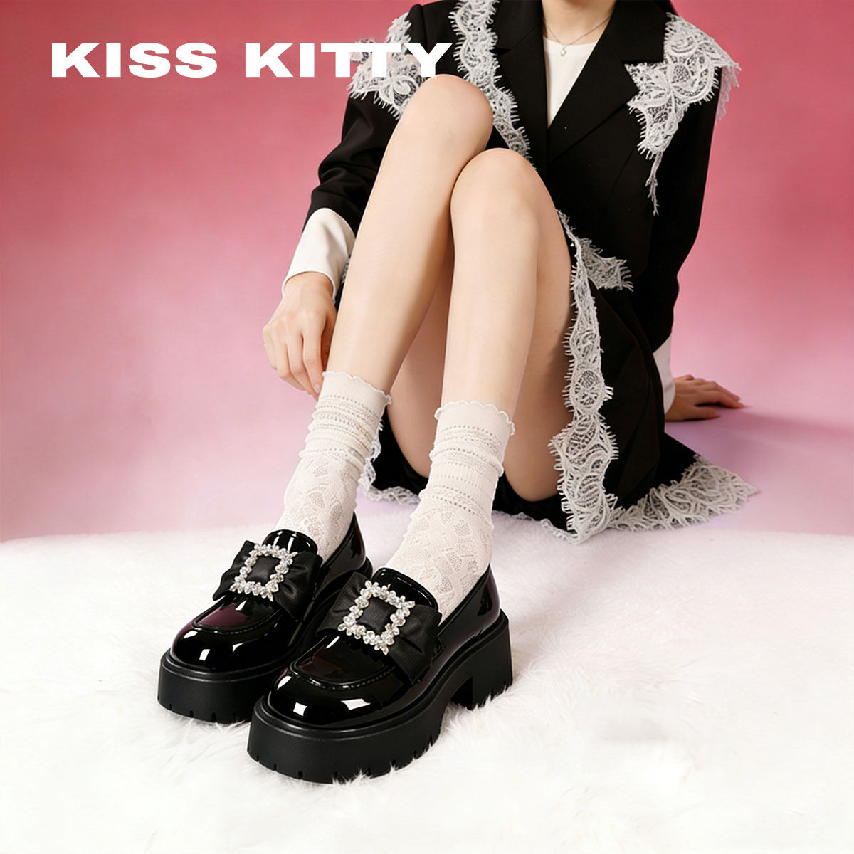 KISSKITTY厚底乐福鞋女26春季新款增高一脚蹬小皮鞋珍珠方扣单鞋,女鞋,乐福鞋（豆豆鞋）,淘宝优惠券,粉丝福利购,淘宝优惠卷