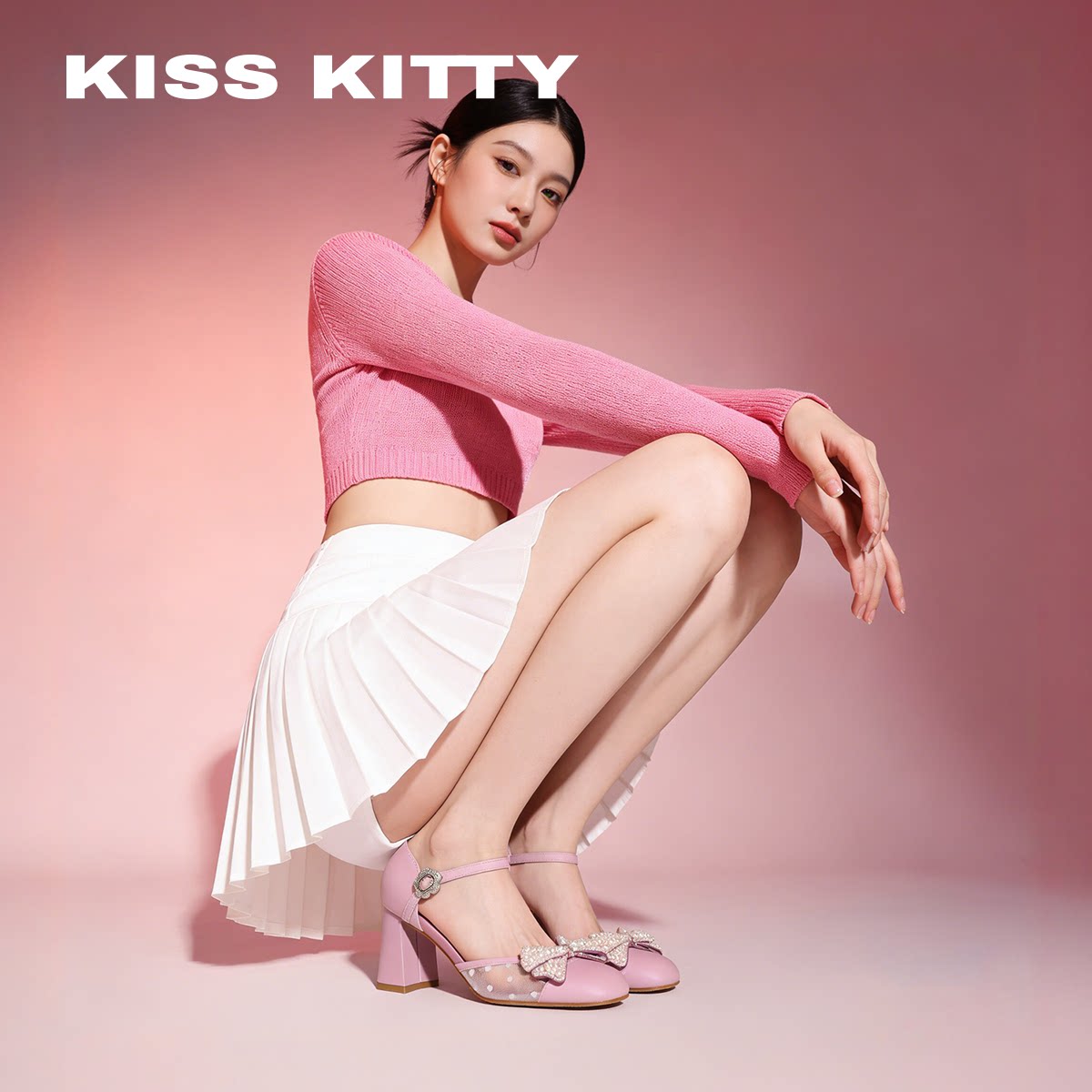 KISSKITTY粗跟跟时装凉鞋女2026年夏新款后空紫色蝴蝶结