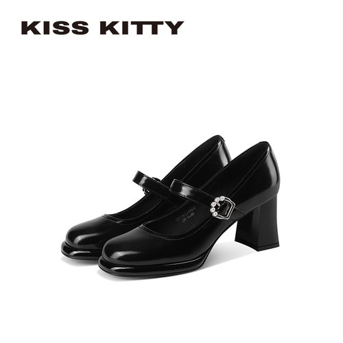 KISSKITTY玛丽珍女鞋2026春气质优雅时尚黑色方头浅口粗高跟单鞋