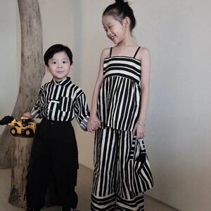 Lovinyanna童装 黑白条纹吊带套装/衬衫/背带裤＋黑色长裤/泡泡袖
