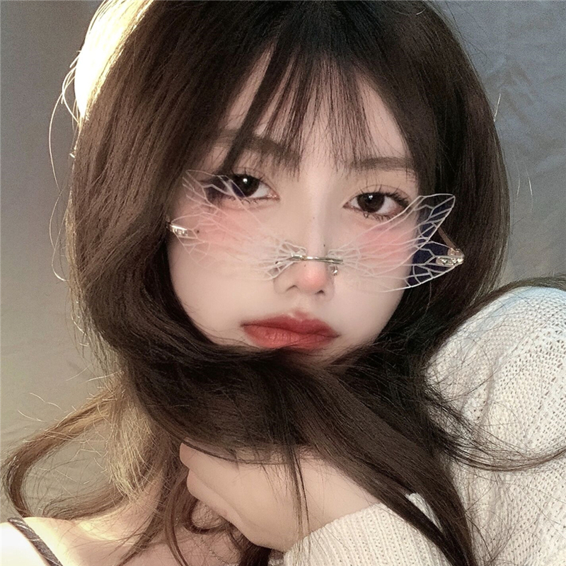 小众新款潮个性蜻蜓太阳镜欧美时尚凹造型拍照款无框墨镜翅膀眼镜