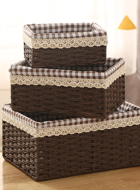 化妆品收纳盒零食仿藤编桌面布艺玄关收纳筐客厅茶几钥匙储物篮子