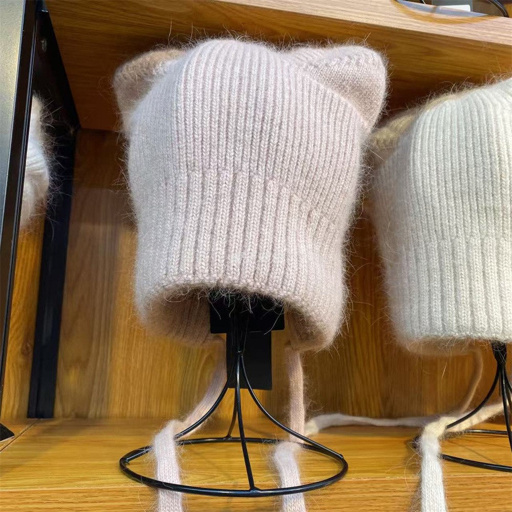 毛绒护耳条纹安哥拉兔毛滑雪耳朵百搭保暖韩版彩色开叉系绳针织帽