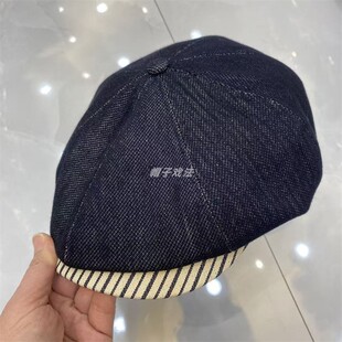显瘦大头围牛仔拼接条纹帽檐街拍舒适百搭休闲贝雷画家报童前进帽