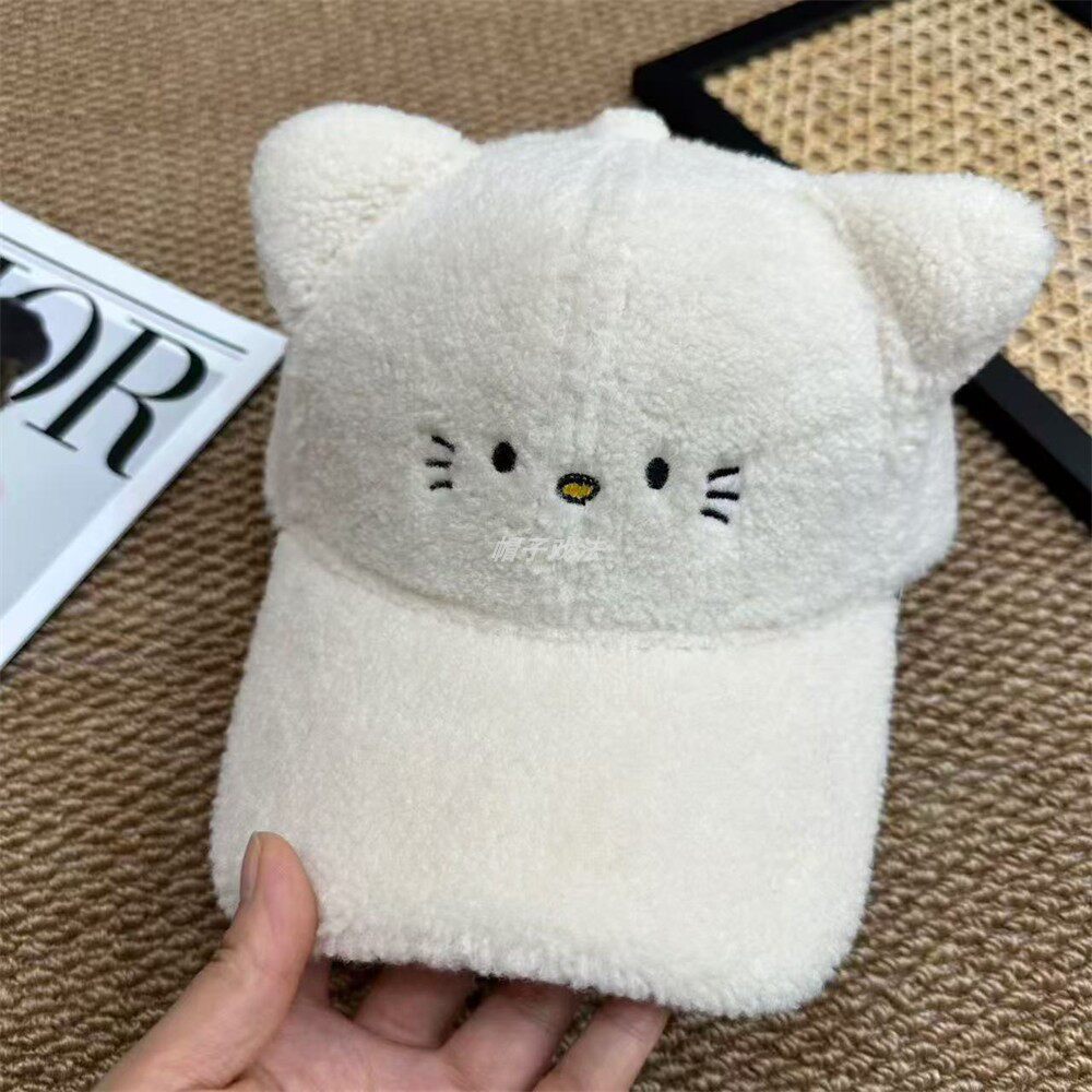 凯蒂小猫脸刺绣耳朵弯檐可爱羊羔绒厚保暖秋冬男女百搭硬顶棒球帽