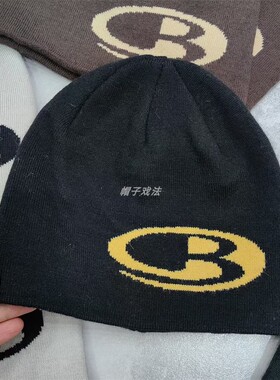 潮流百搭休闲B字母logo针织帽男女通用直边圆顶保暖毛线帽冷帽子
