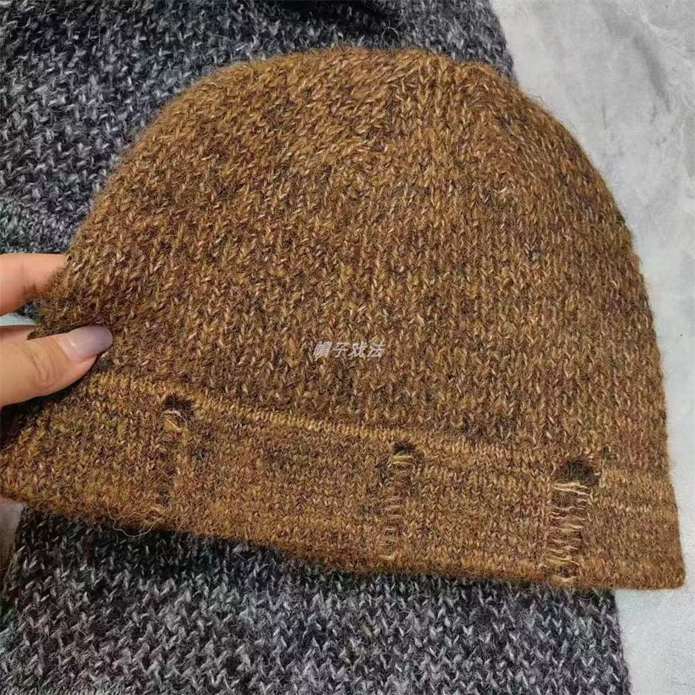 薄款混色杂线百搭复古磨破痞帅秋冬腈纶宽松显瘦女翻边针织渔夫帽