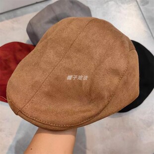 复古秋冬皮特帅气仿鹿皮绒女式美拉德百搭休闲系扣贝雷画家前进帽