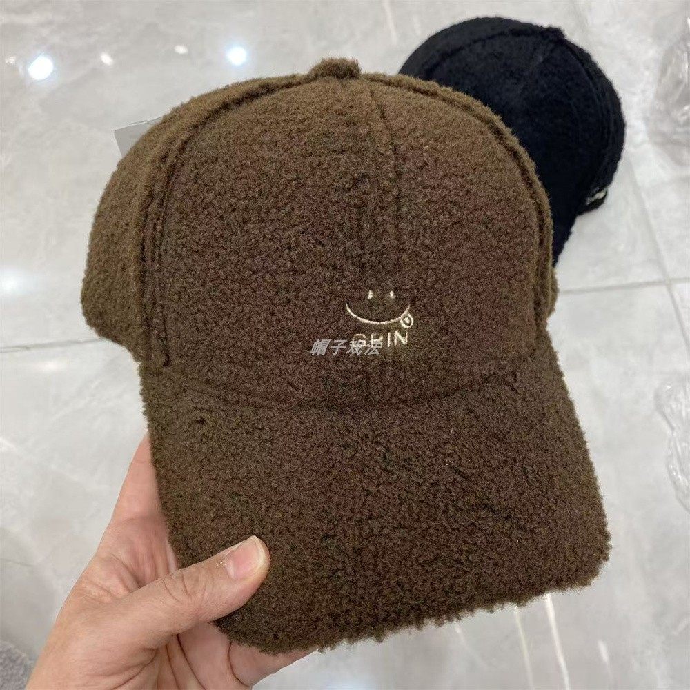 弯檐可爱毛羊羔绒刺绣笑脸加厚保暖秋冬季显瘦男女百搭硬顶棒球帽