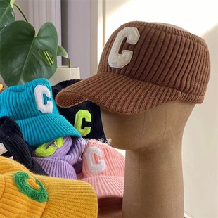 彩色针织毛巾C字母可爱留发辫秋冬保暖盖耳朵发带檐帽遮中空顶帽