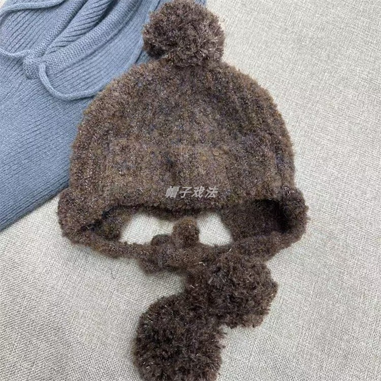 护耳粗毛线腈纶毛球滑雪一体百搭保暖冬季女式学生针织风雪飞行帽
