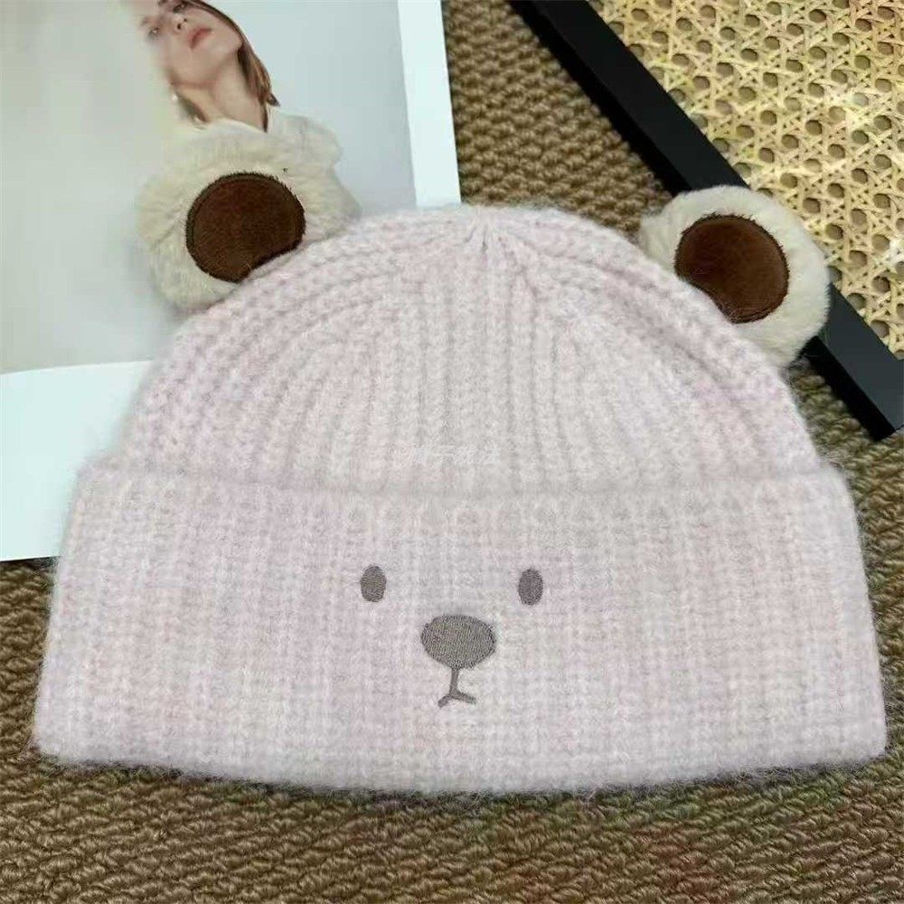 圆耳朵刺绣小熊脸韩版女式宽松可爱翻边百搭保暖冬学生毛线针织帽
