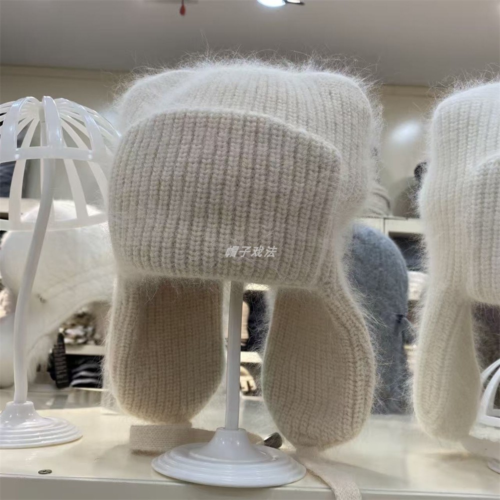 毛绒护耳冬韩版安哥拉兔毛滑雪耳朵百搭保暖女针织系绳风雪雷锋帽