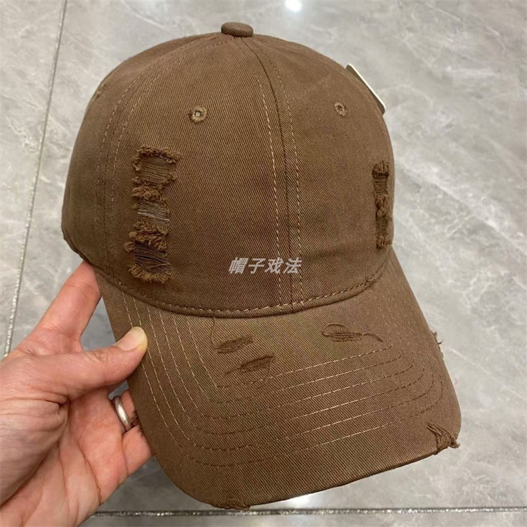 彩色男女韩版简约磨破洞水洗净版纯棉百搭做旧休闲圆顶软顶棒球帽