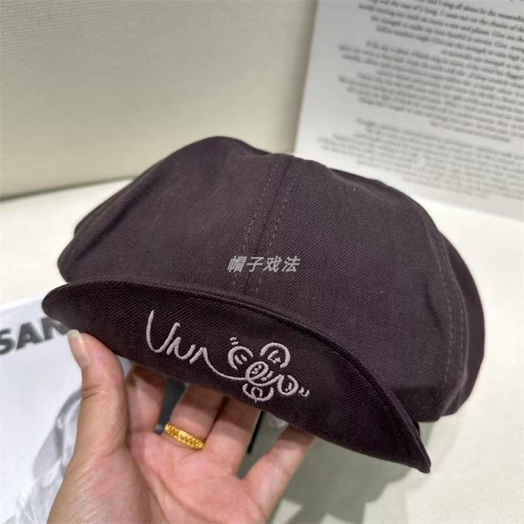刺绣小花帽檐通用韩版日系可爱百搭时尚女云朵翻沿画家八角报童帽