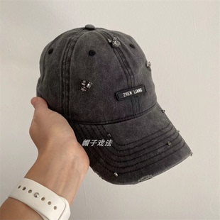 手工缝闪钻珠子水洗灰纯棉男女通用弯檐百搭秋软季顶可调节棒球帽