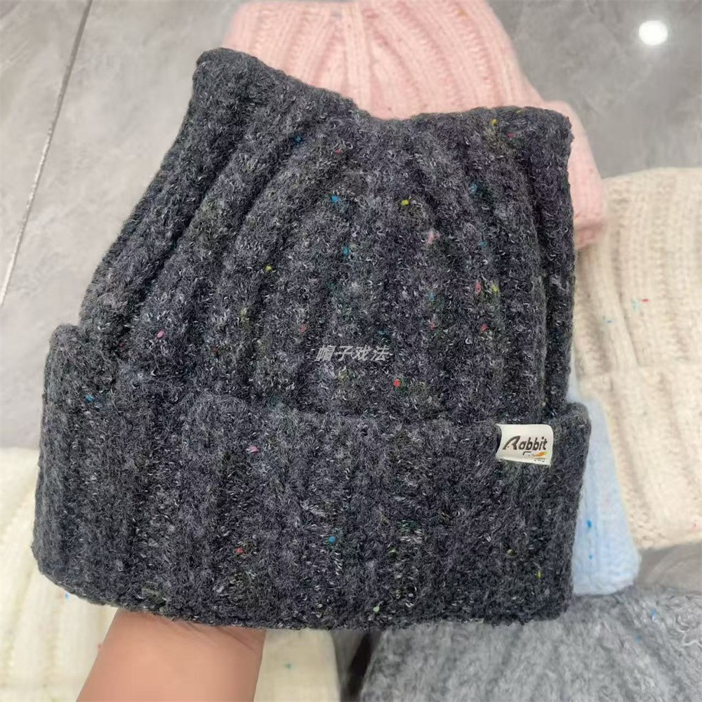 百搭尖耳朵布标彩色花线个性新款女式薄保暖秋冬季盖耳翻边针织帽