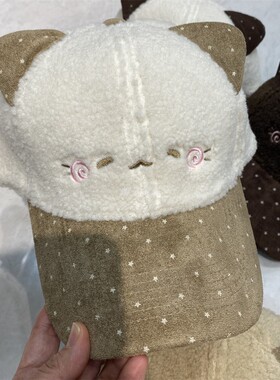 甜美可爱猫耳朵笑脸羊羔绒棒球帽女式秋冬季保暖星星点刺绣显脸小