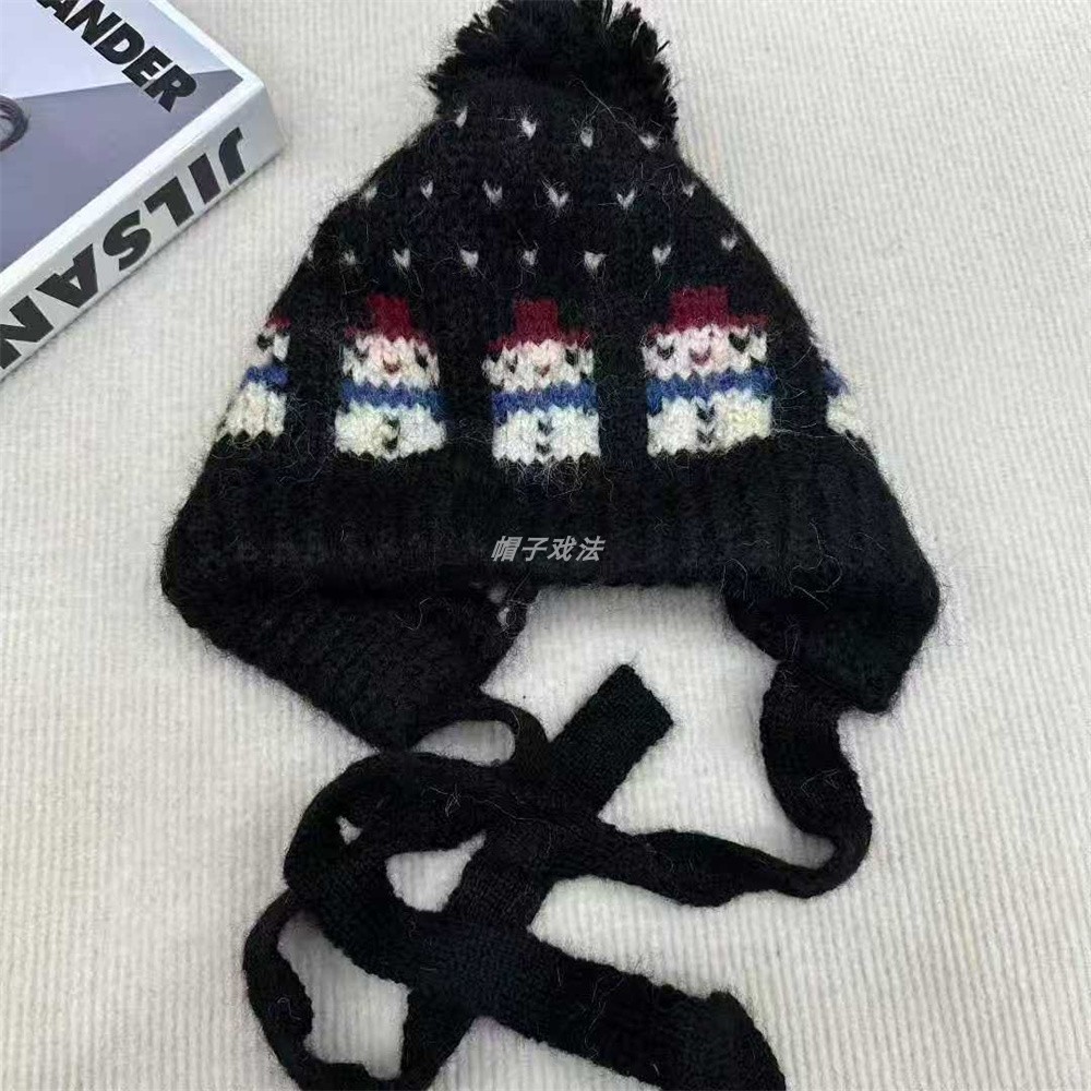 小雪人毛线毛球加厚可爱女针织百搭保暖护耳学生冬系绳抽绳风雪帽