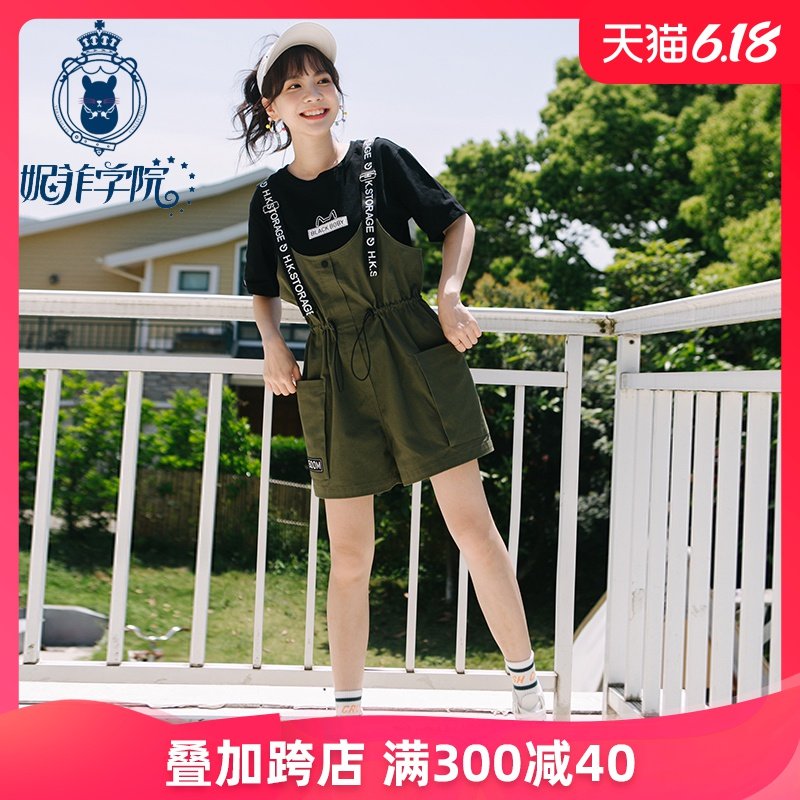 工装背带裤学院风阔腿短裤韩版宽松少女大童初中学生2020夏装套装