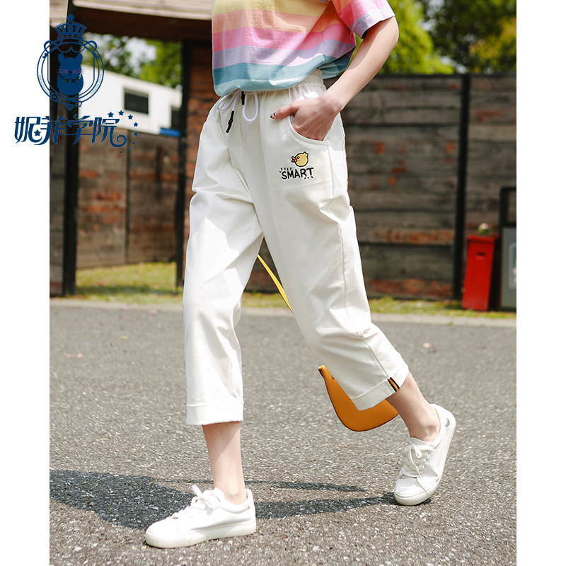 少女休闲裤显瘦百搭直筒高腰白色大童宽松阔腿初中学生七分裤子夏