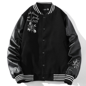 23秋新款毛呢PU拼接棒球服男字母刺绣夹克外套XZ311A-JK112-P85图片