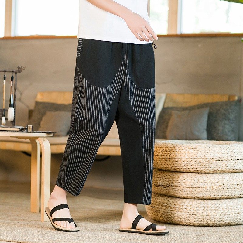 爆25咖啡厅夏条纹撞色棉麻九分男灯笼裤萝卜裤锥形哈伦裤K161-p50，男装休闲裤，星座311A