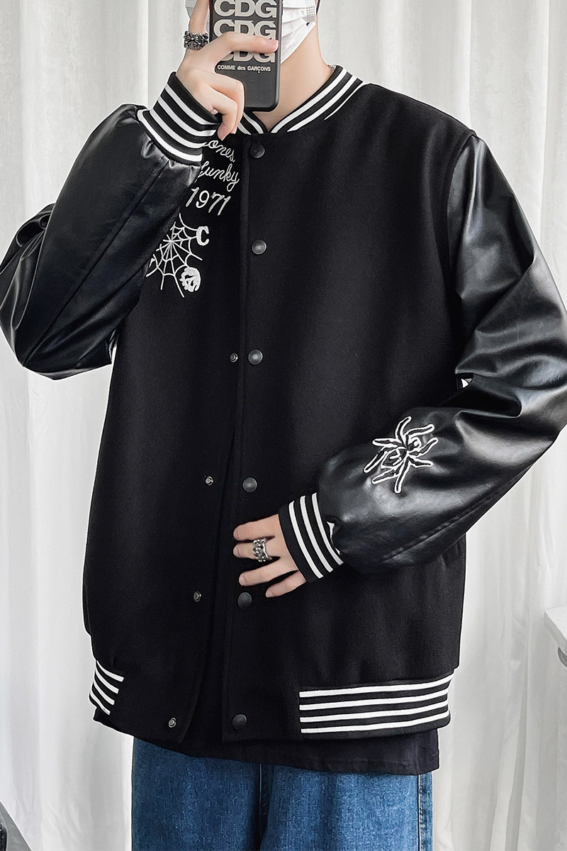 25春新款毛呢PU拼接棒球服男字母刺绣夹克外套XZ311A-JK112-P80,男装夹克,星座311A