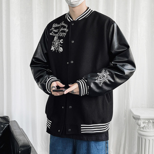 25春新款毛呢PU拼接棒球服男字母刺绣夹克外套XZ311A-JK112-P80图片